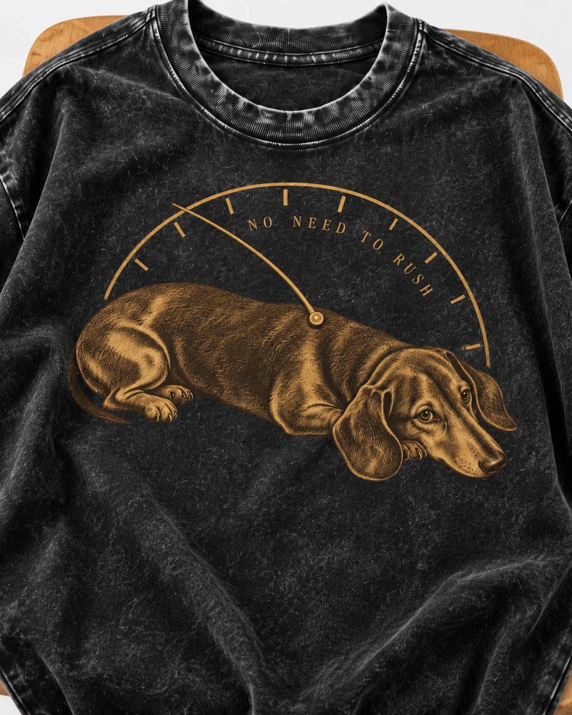 Dachshund No Need To Rush Gauge Graphic Washed Tee in Black, close-up of the graphic