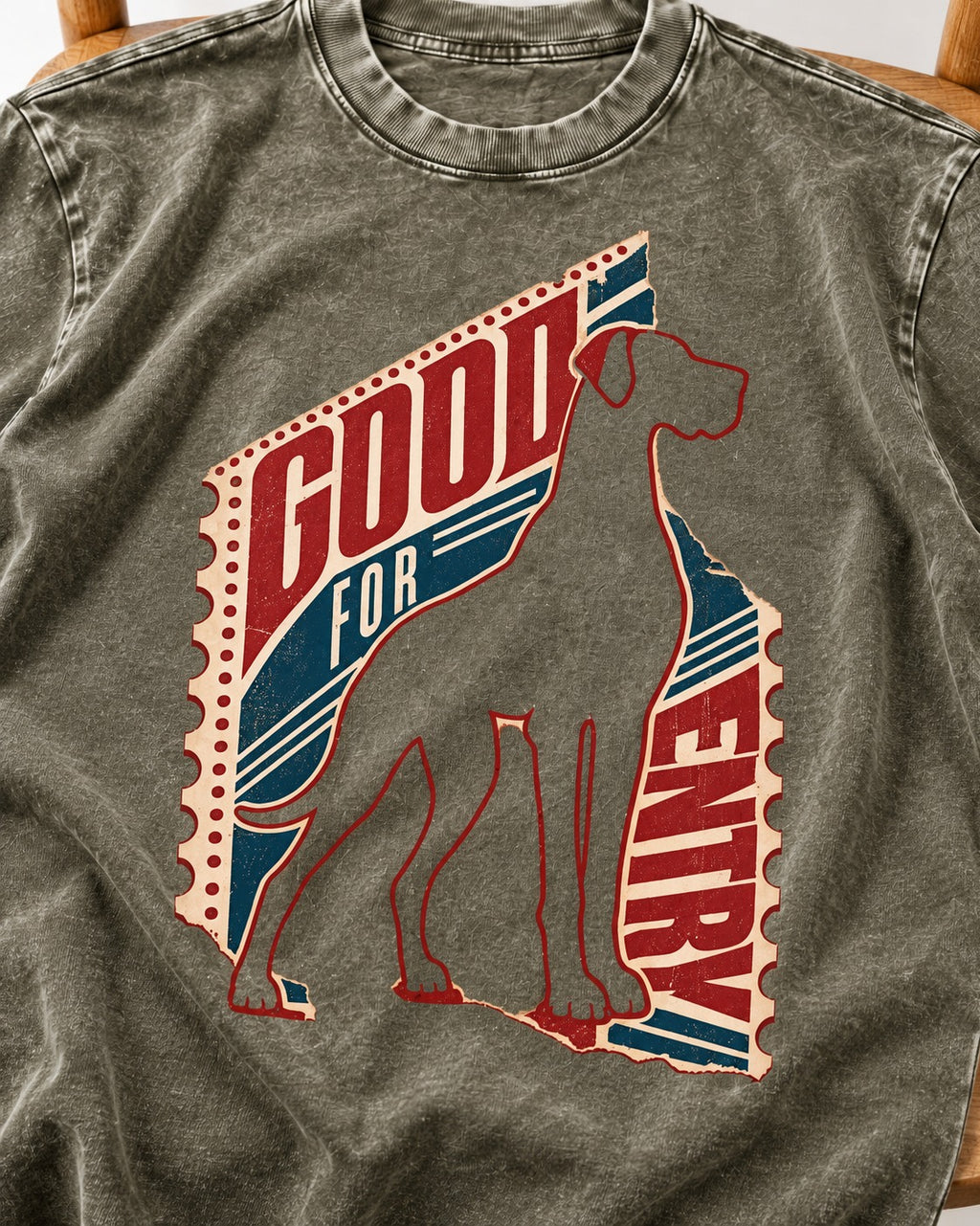 Great Dane Good for Nothing Ticket Cutout Graphic Washed Tee in Army Green, close-up of the graphic