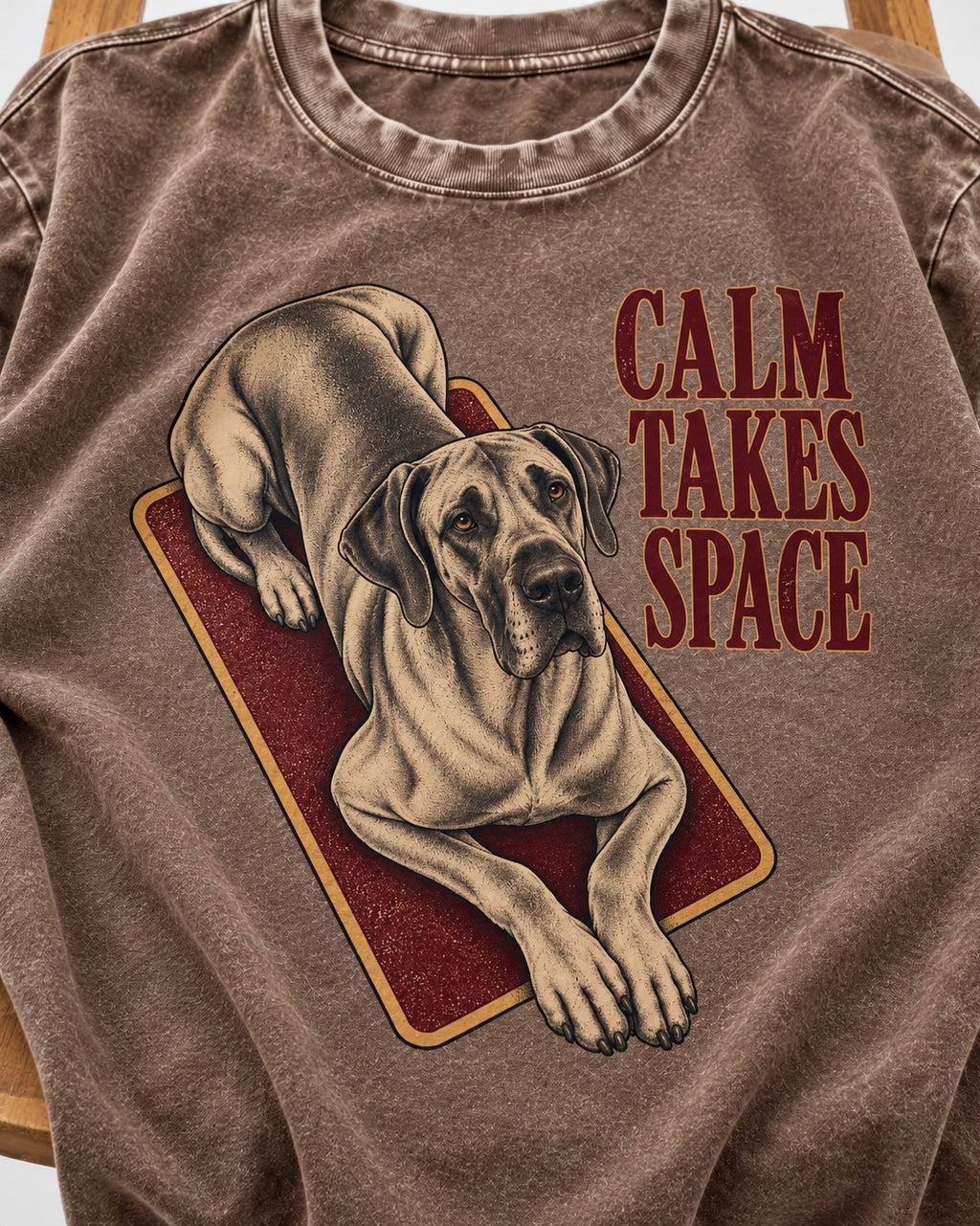 Great Dane Calm Takes Space Washed Tee in Coffee, close-up of the graphic