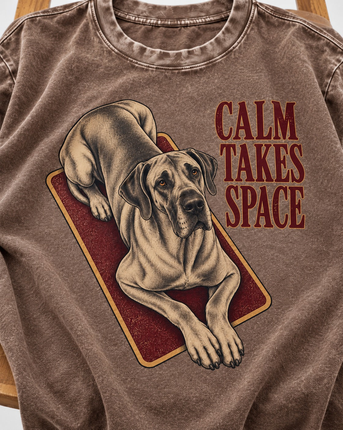 Great Dane Calm Takes Space Washed Tee in Coffee, close-up of the graphic