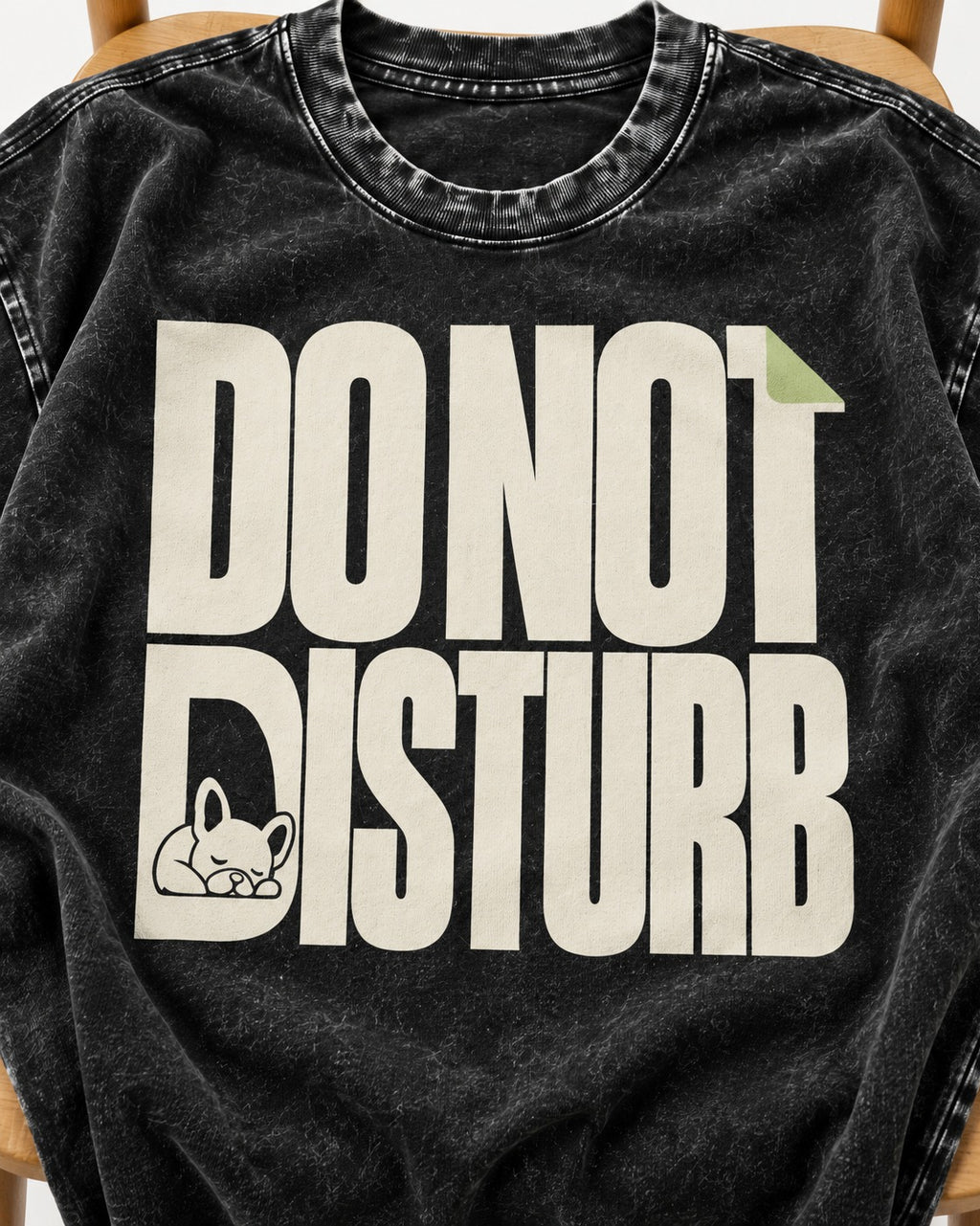 Frenchie Do Not Disturb Hidden Sleeping Graphic Washed Tee in Black, close-up of the graphic