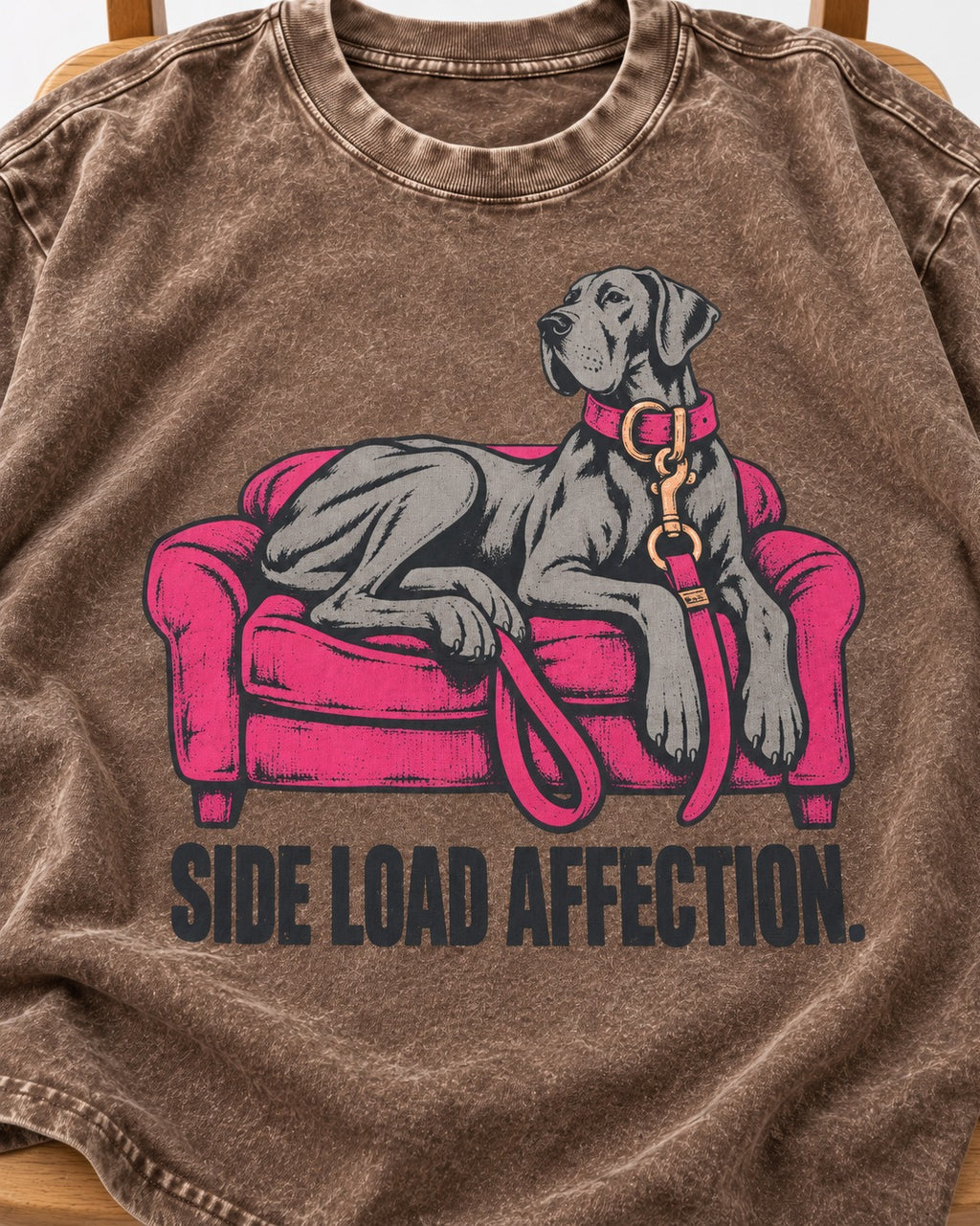 Great Dane Side Load Affection Washed Tee in Coffee, close-up of the graphic