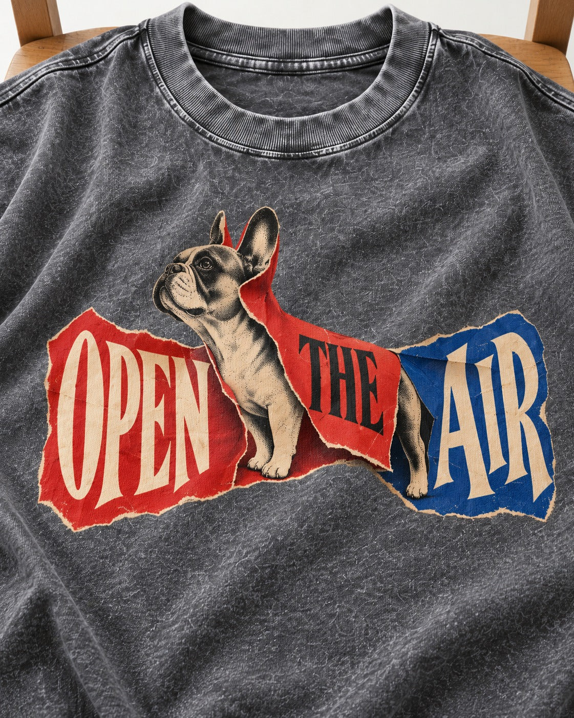 Frenchie Open the Air Torn Poster Graphic Washed Tee in Gray, close-up of the graphic