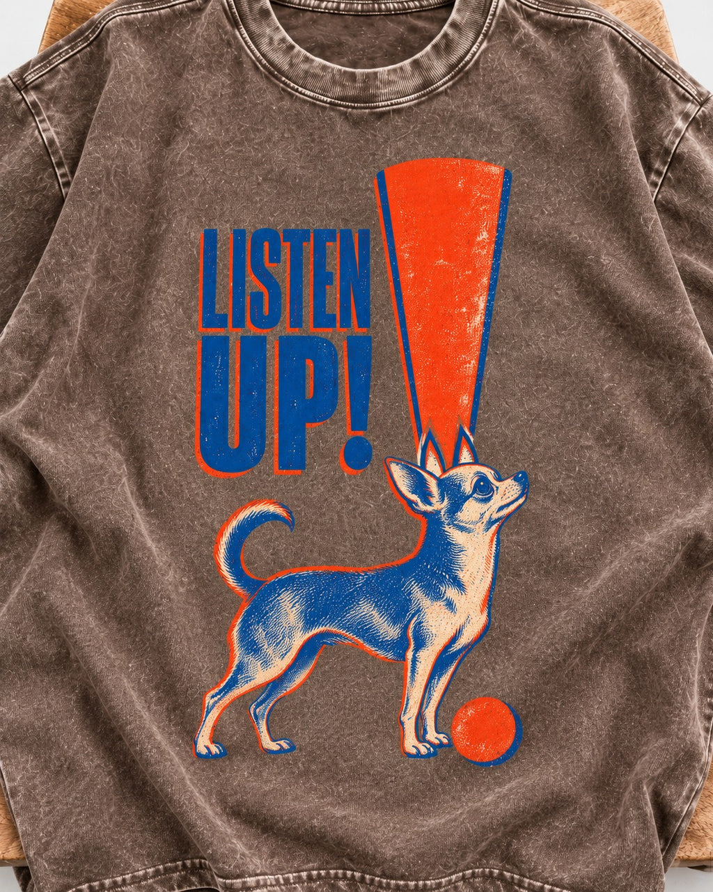 Listen Up Chihuahua Washed Tee in Coffee, close-up of the graphic