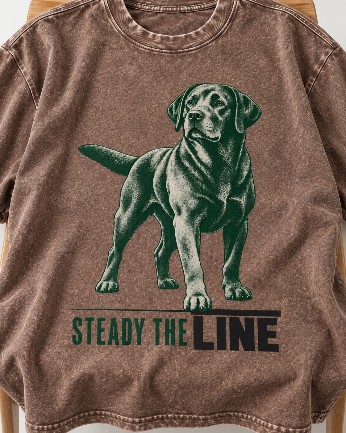 Steady the Line Labrador Retriever Washed Tee in Coffee, close-up of the graphic