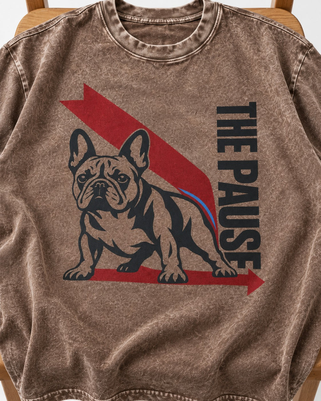 The Frenchie Pause Washed Tee in Coffee, close-up of the graphic