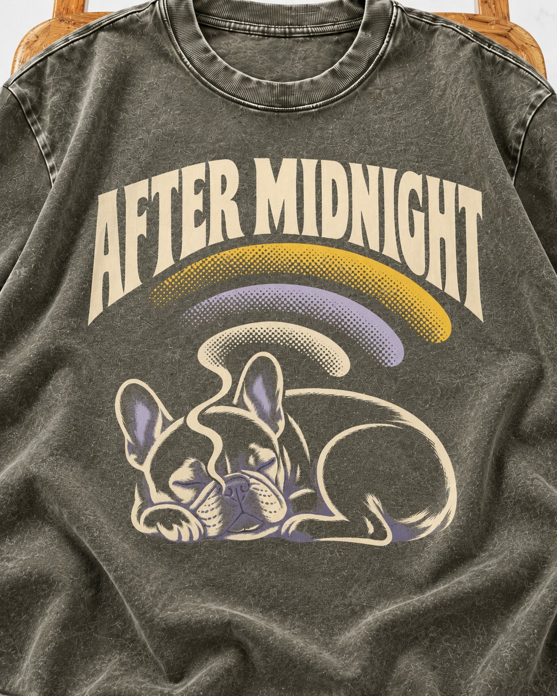 Frenchie After Midnight Sleeping Graphic Washed Tee in Army Green, close-up of the graphic
