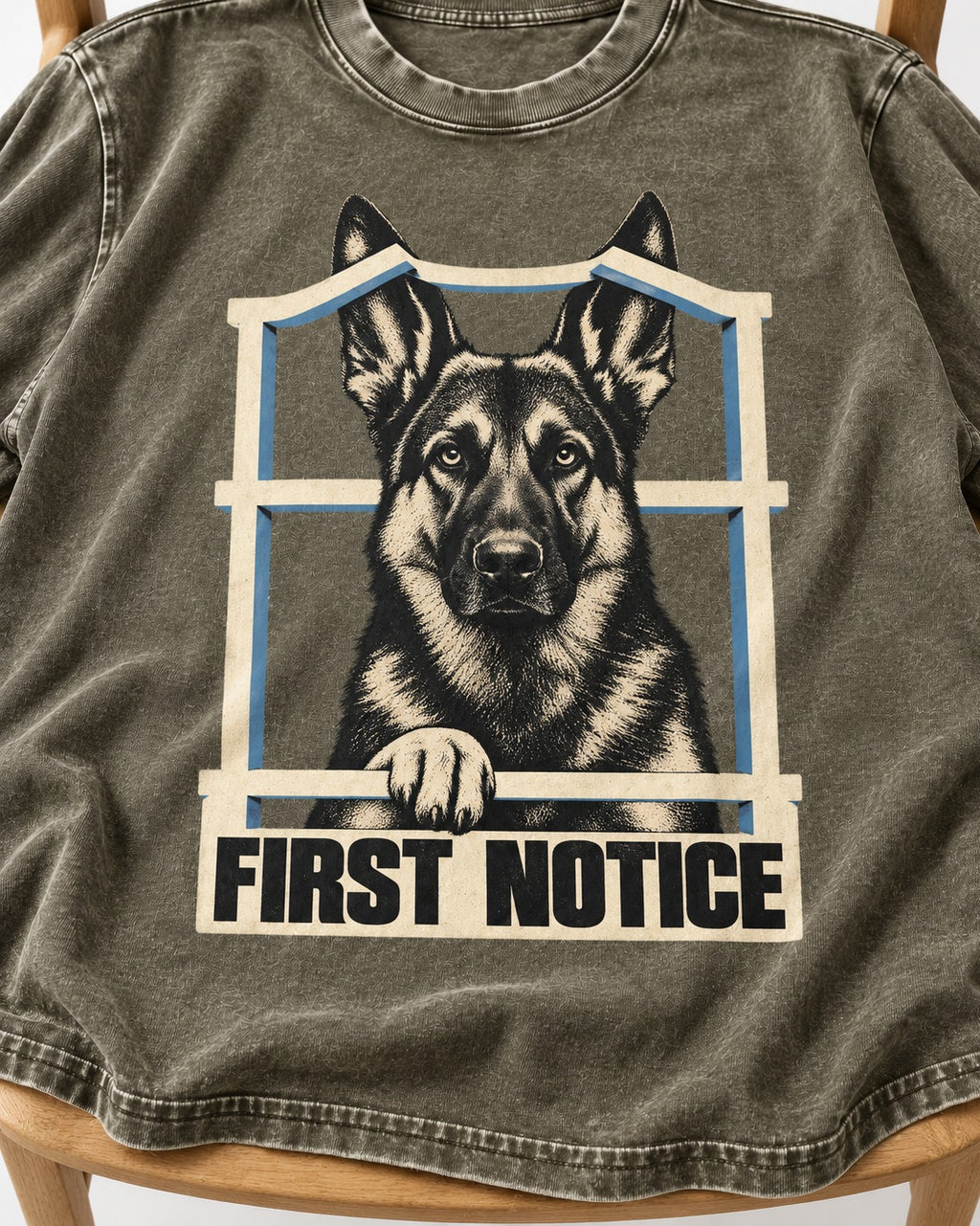 First Notice Window German Shepherd Dog Graphic Washed Tee in Army Green, close-up of the graphic