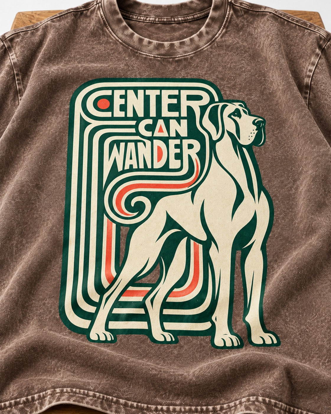 Great Dane Center Can Wander Washed Tee in Coffee, close-up of the graphic