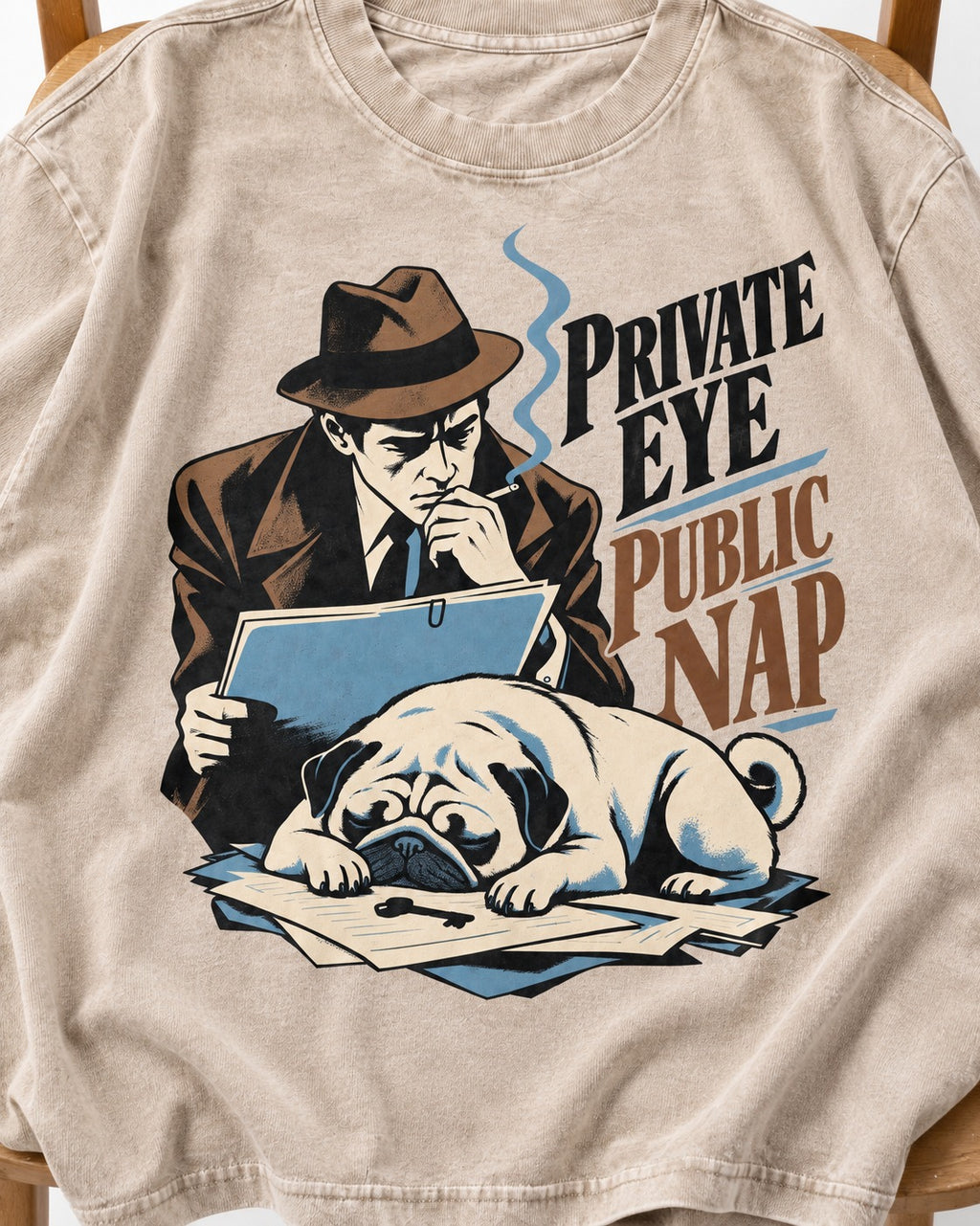 Pug Private Eye Public Nap Washed Tee in Apricot, close-up of the graphic