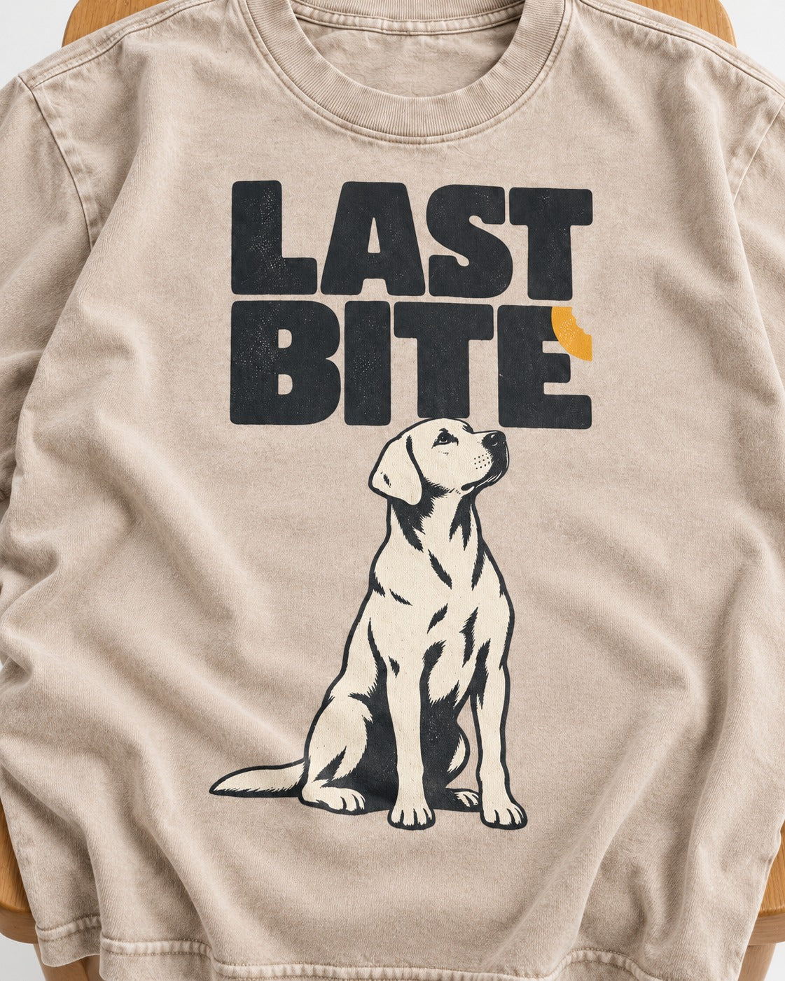 Labrador Retriever's Last Bite Washed Tee in Apricot, close-up of the graphic