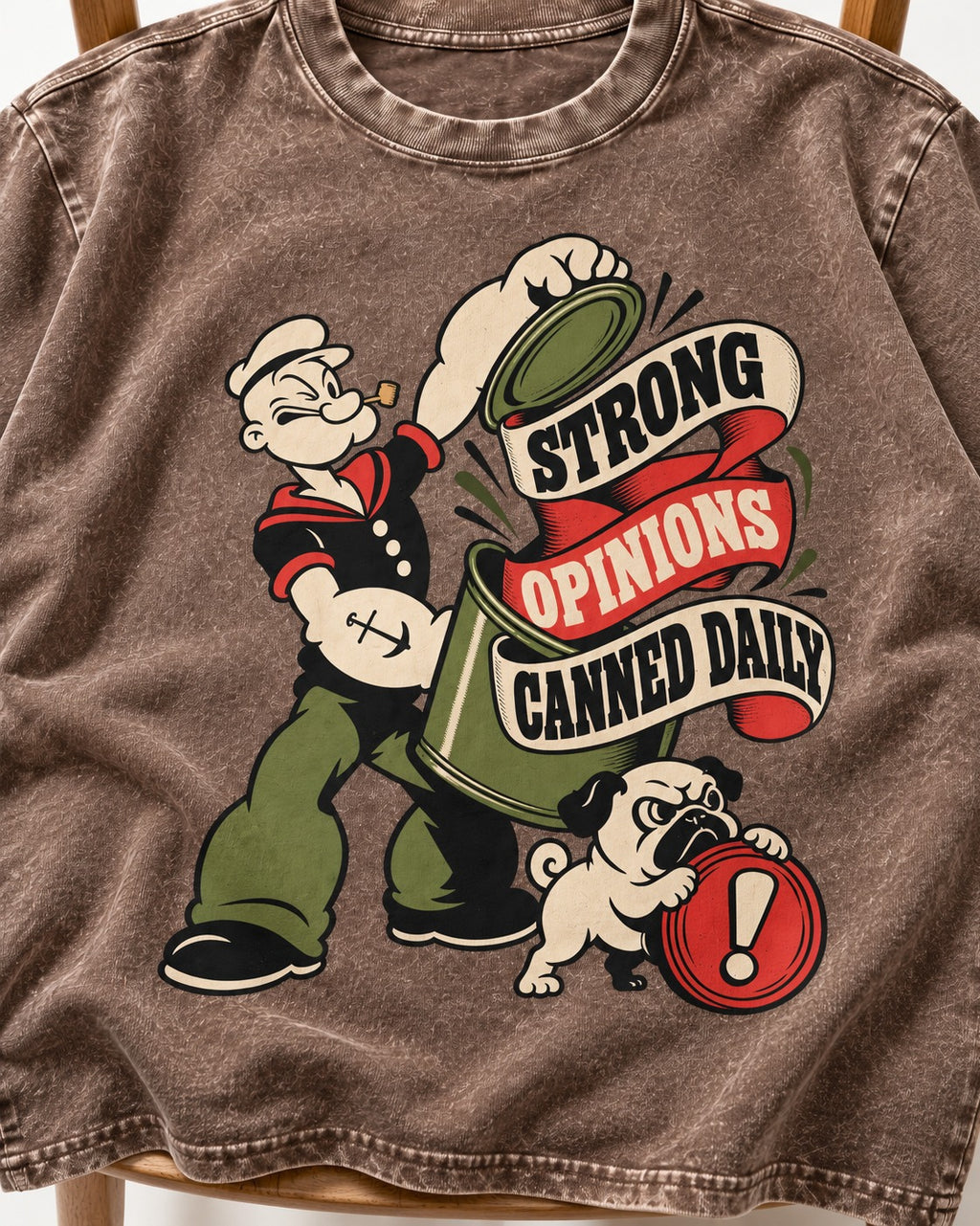Pug Strong Opinions Washed Tee in Coffee, close-up of the graphic