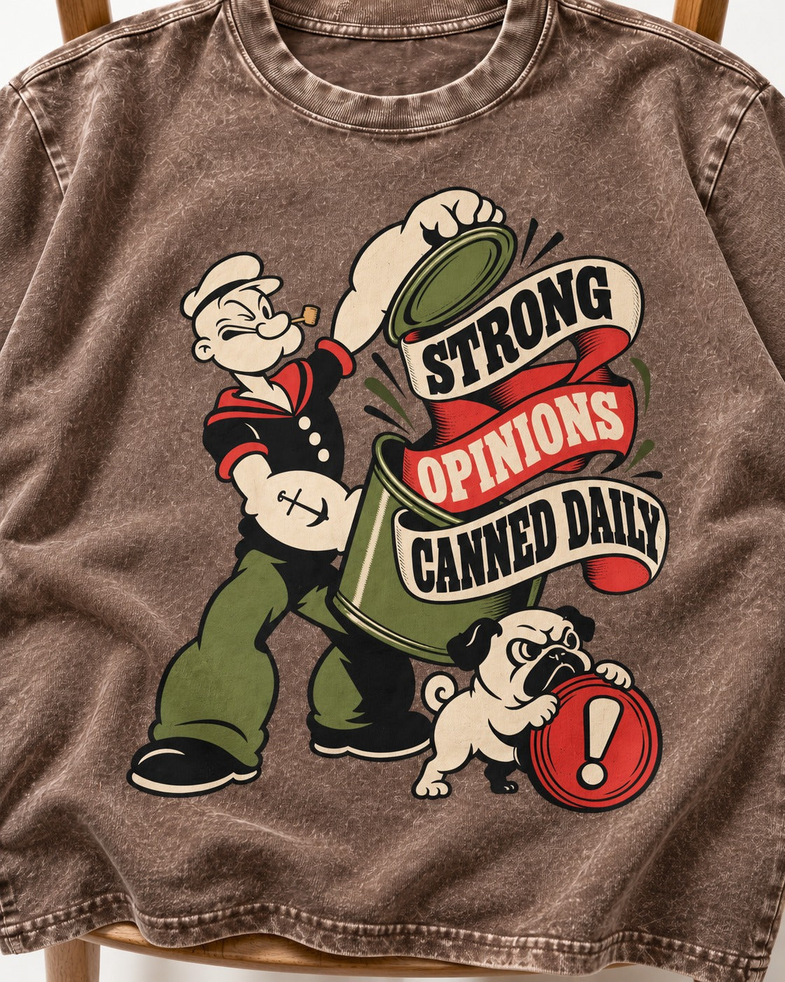 Pug Strong Opinions Washed Tee in Coffee, close-up of the graphic
