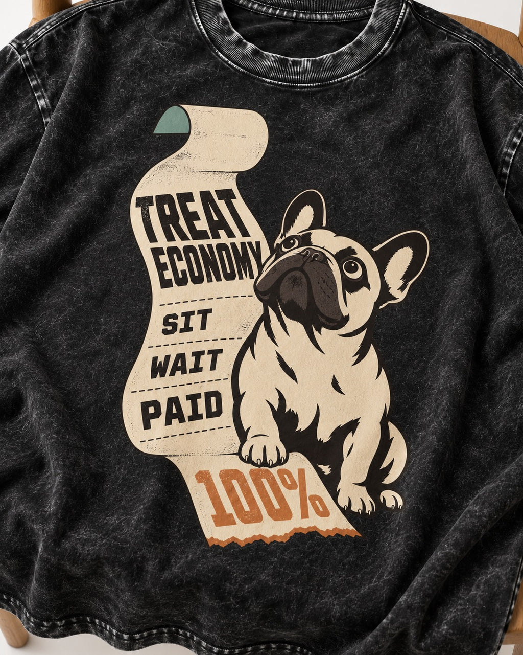 Frenchie Treat Economy Sit Wait Paid Receipt Graphic Washed Tee in Black, close-up of the graphic