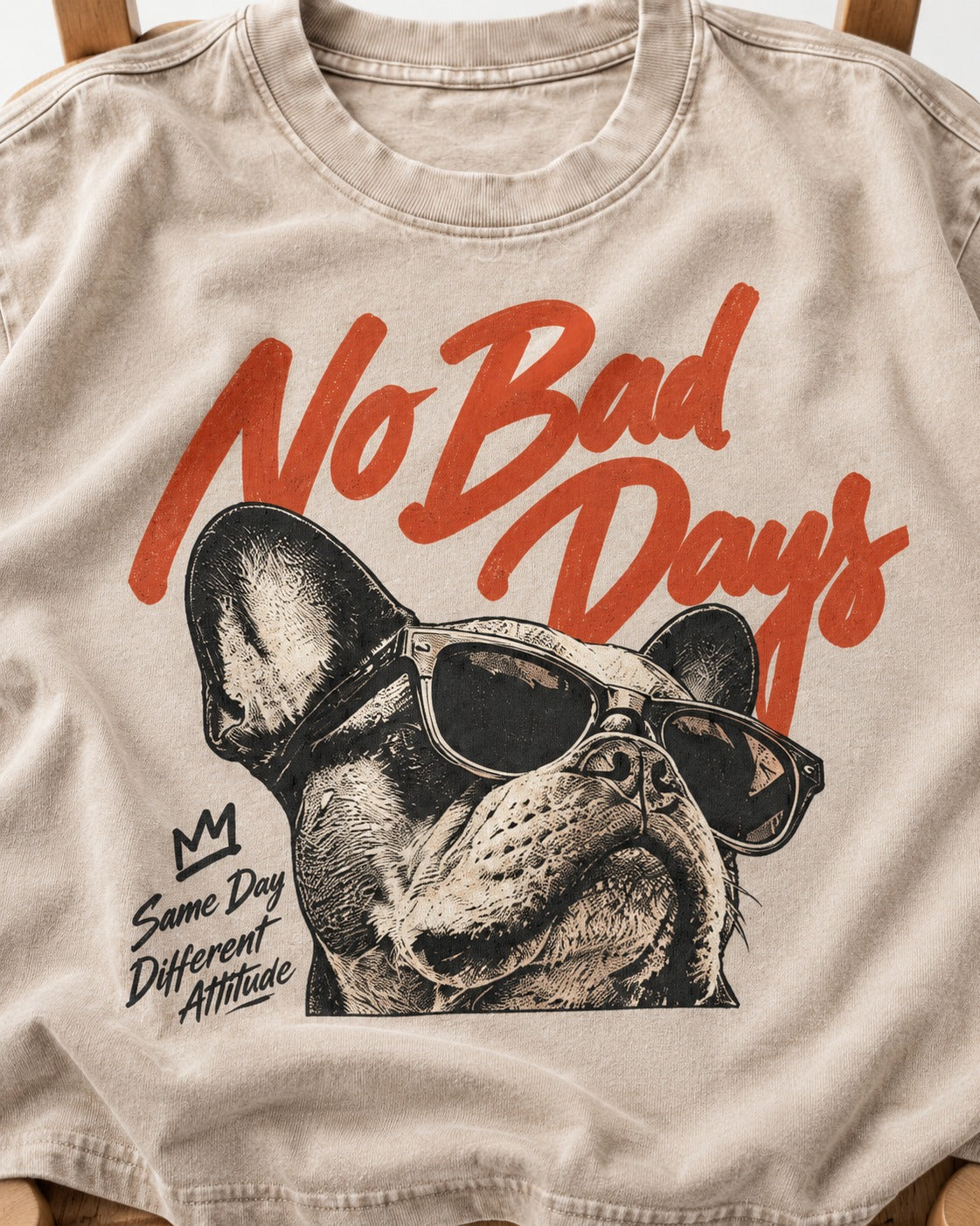 Frenchie No Bad Days Washed Tee in Apricot, close-up of the graphic