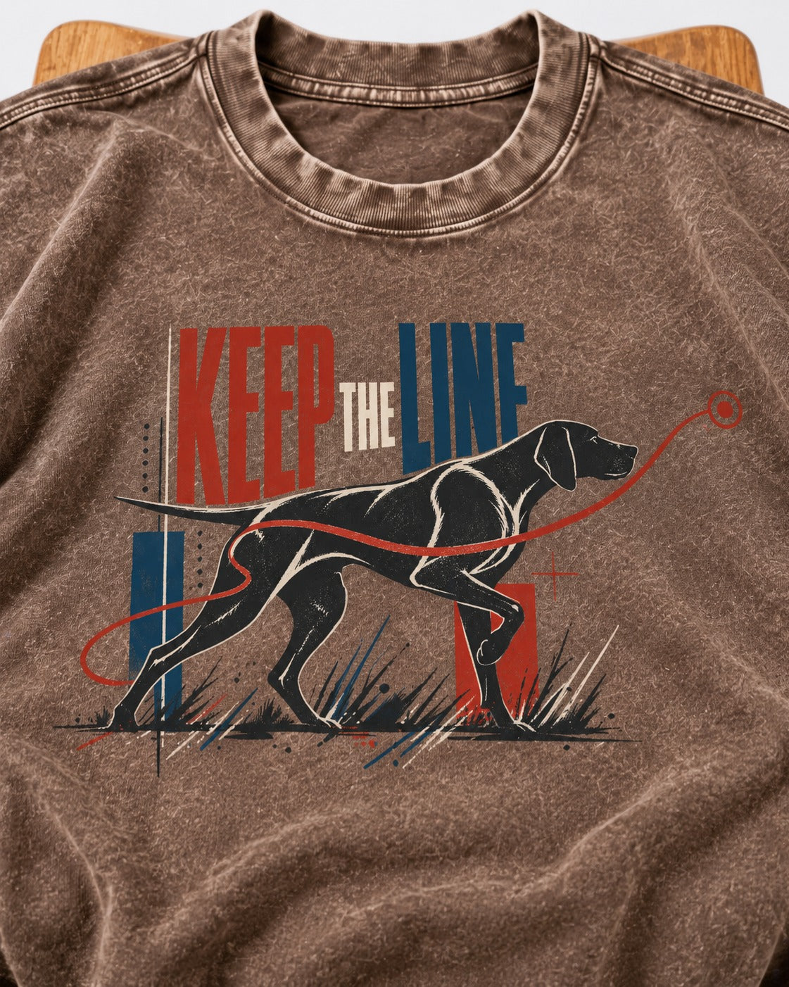 Keep the Line German Shorthaired Pointer Washed Tee in Coffee, close-up of the graphic
