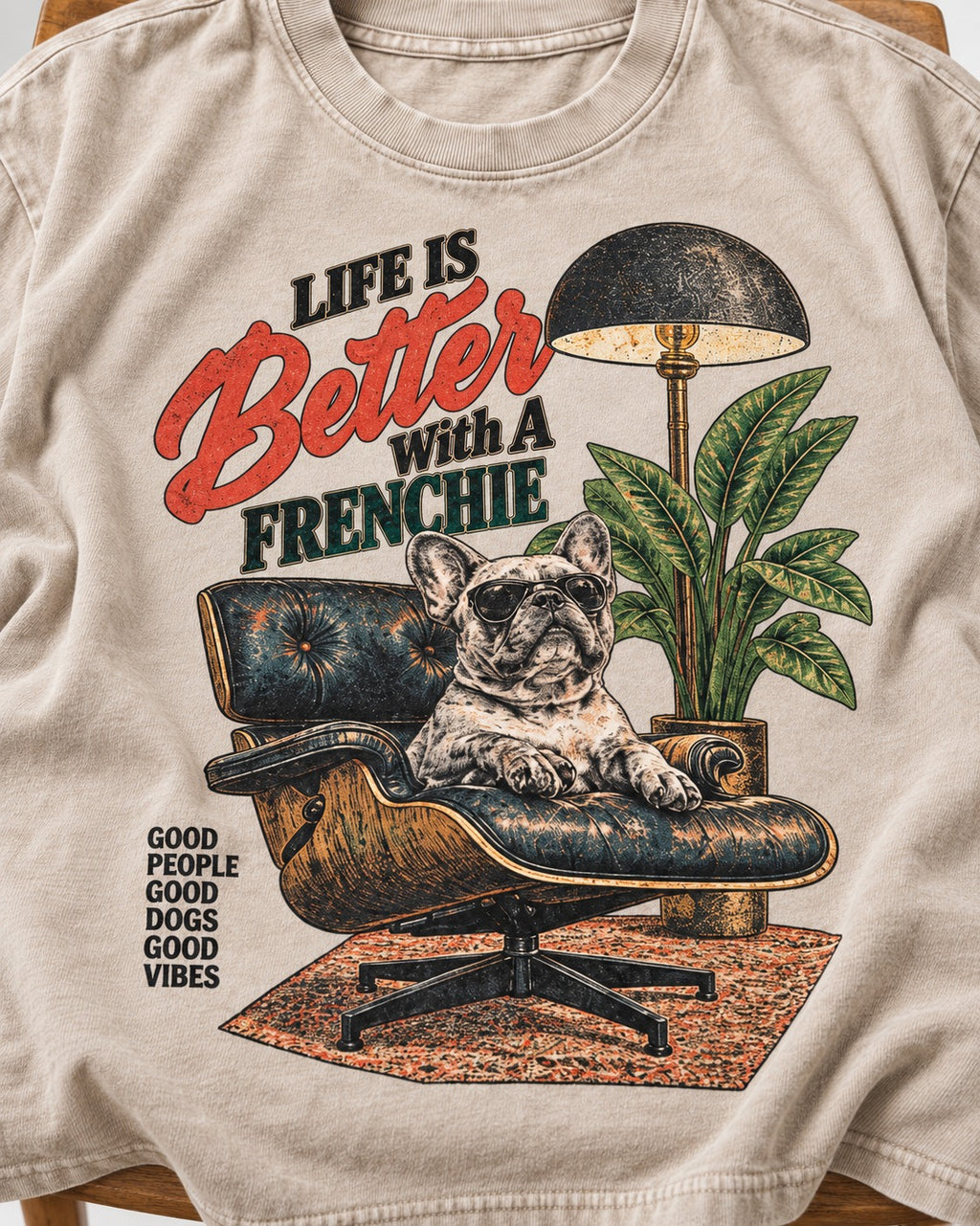 Better with a Frenchie Washed Tee in Apricot, close-up of the graphic