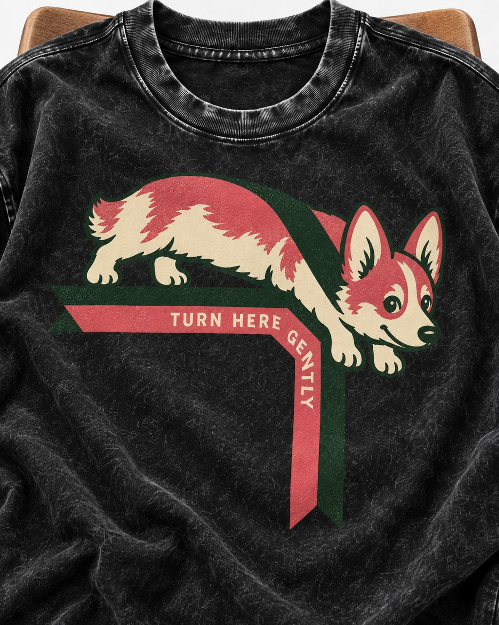 Corgi Turn Here Gently Washed Tee in Black, close-up of the graphic