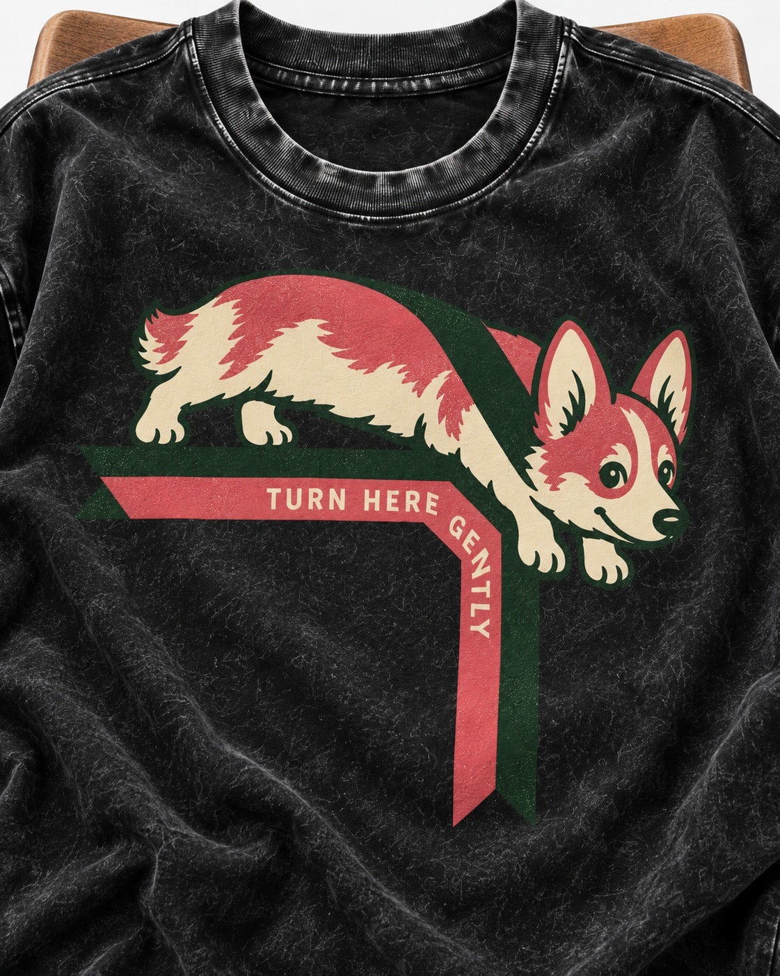 Corgi Turn Here Gently Washed Tee in Black, close-up of the graphic