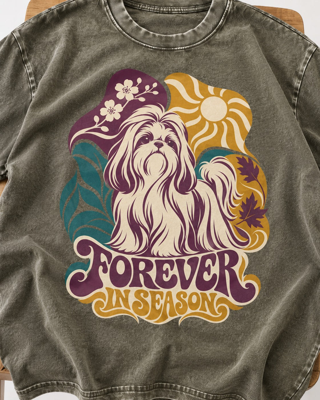 Shih Tzu Forever in Season Botanical Sun Graphic Washed Tee in Army Green, close-up of the graphic