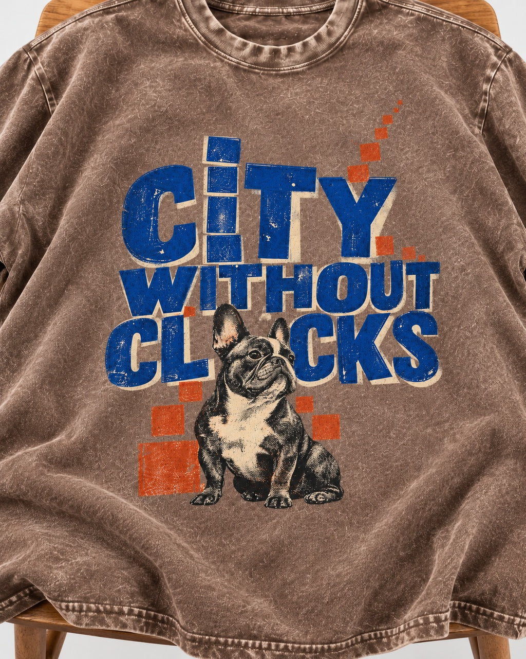 Frenchie's City Without Clocks Washed Tee in Coffee, close-up of the graphic