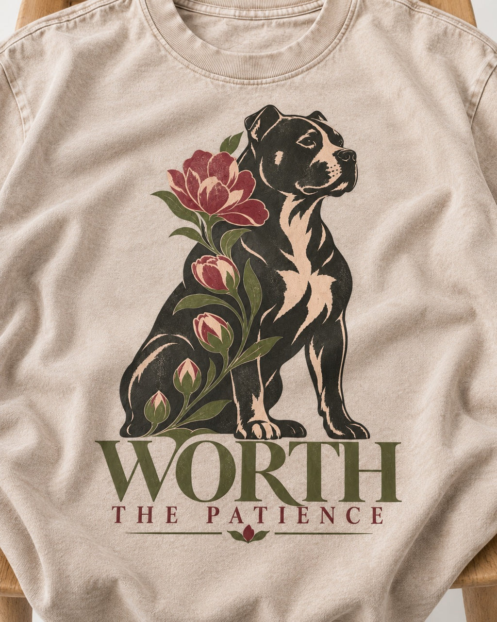 Pitbull Worth the Patience Washed Tee in Apricot, close-up of the graphic
