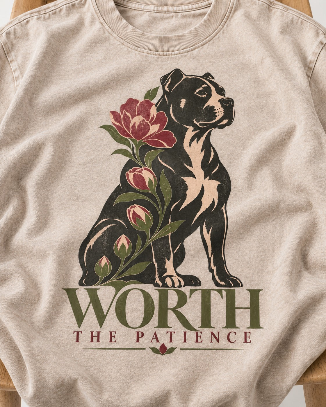 Pitbull Worth the Patience Washed Tee in Apricot, close-up of the graphic