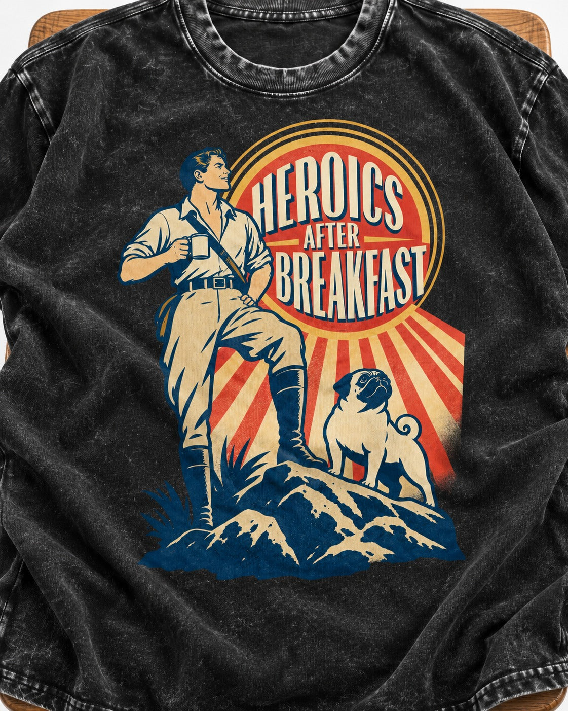 Pug Heroics After Breakfast Adventure Graphic Washed Tee in Black, close-up of the graphic