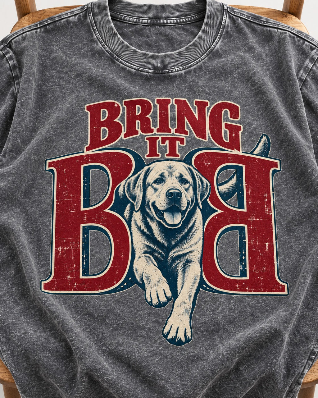 Labrador Retriever Bring It Opposing B Portrait Graphic Washed Tee in Gray, close-up of the graphic