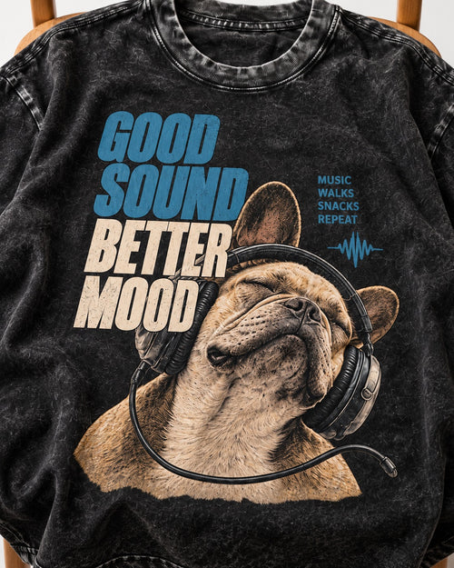 Frenchie Good Sound Better Mood Headphones Graphic Washed Tee in Black, close-up of the graphic