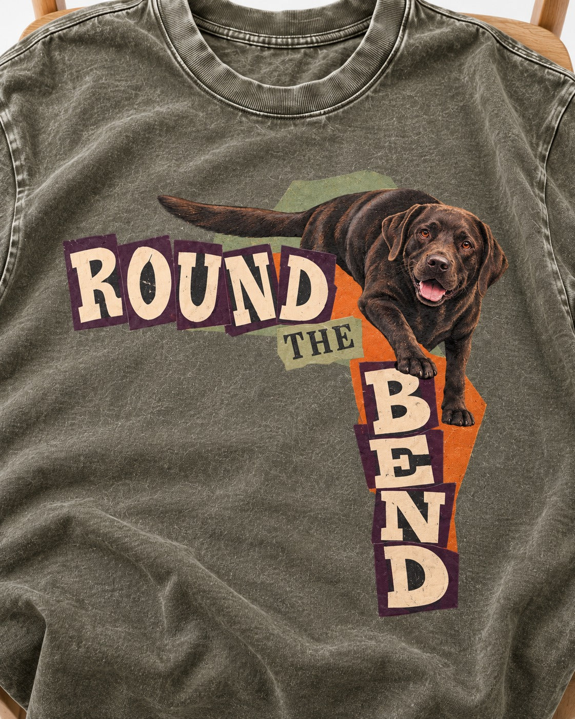 Labrador Retriever Round the Bend Collage Graphic Washed Tee in Army Green, close-up of the graphic