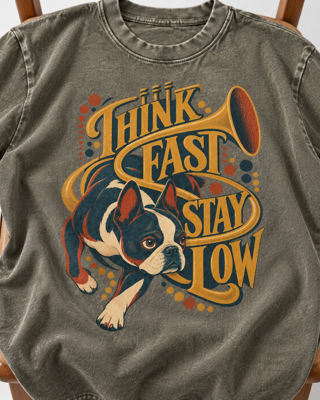 Boston Terrier Think Fast Stay Low Washed Tee in Army Green, close-up of the graphic