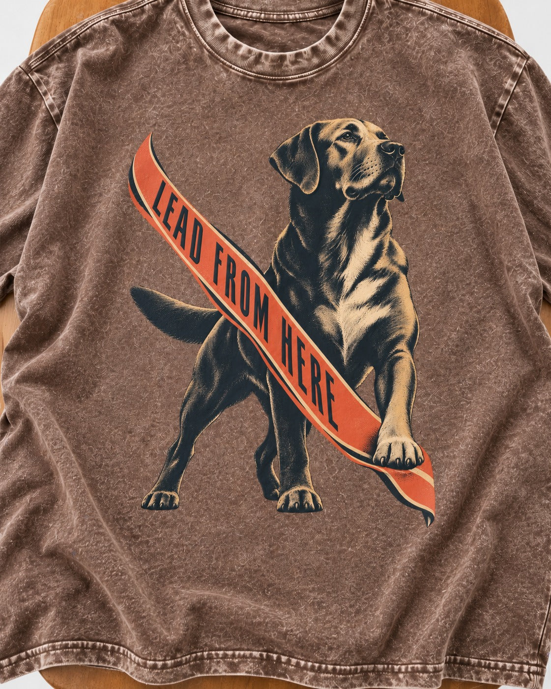 Lead From Here Labrador Retriever Washed Tee in Coffee, close-up of the graphic