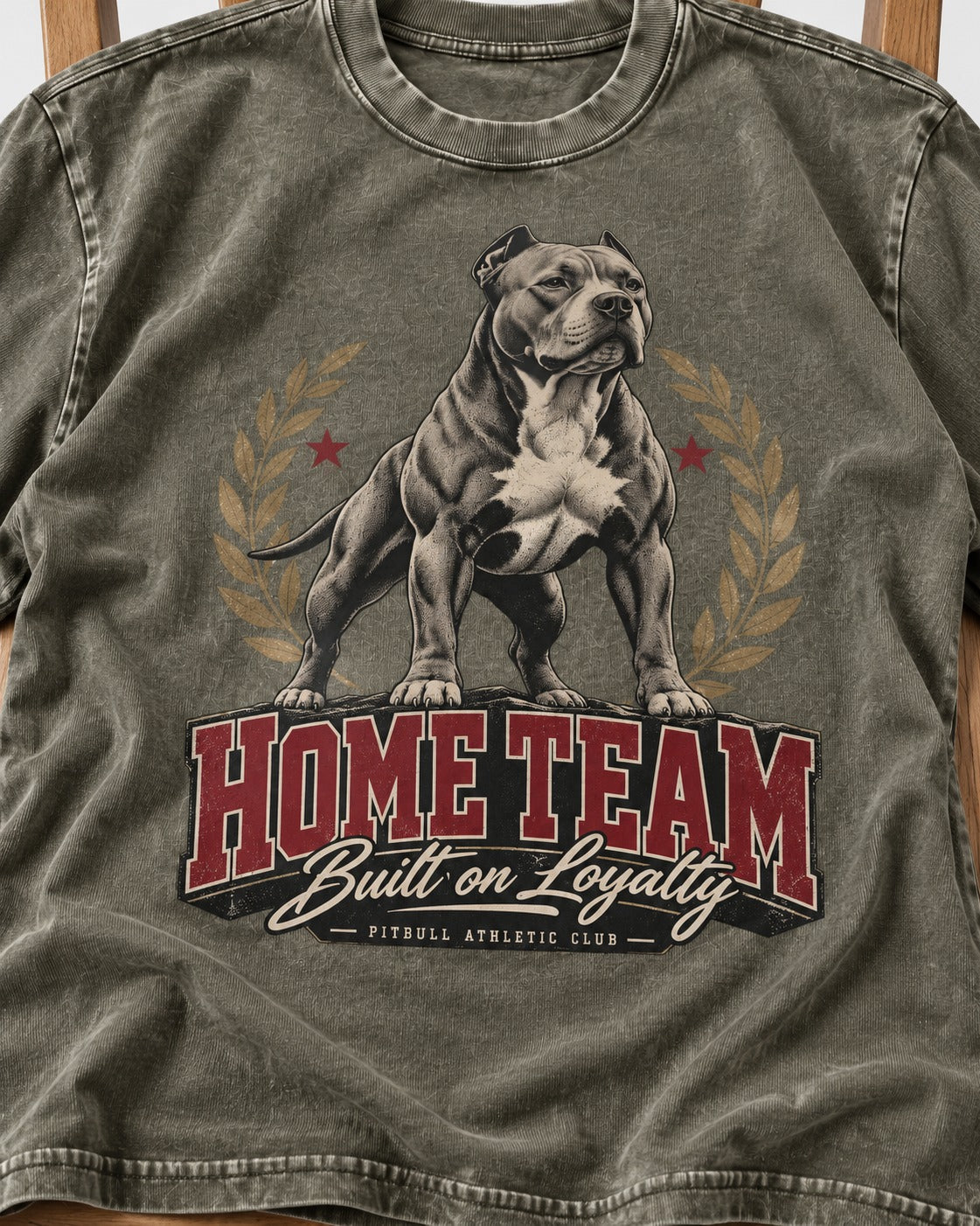 Pitbull Home Team Loyalty Crest Graphic Washed Tee in Army Green, close-up of the graphic