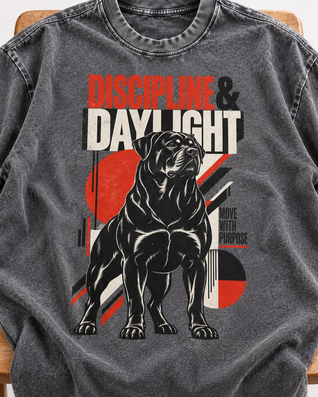 Discipline and Daylight Rottweiler Move With Purpose Washed Tee in Gray, close-up of the graphic