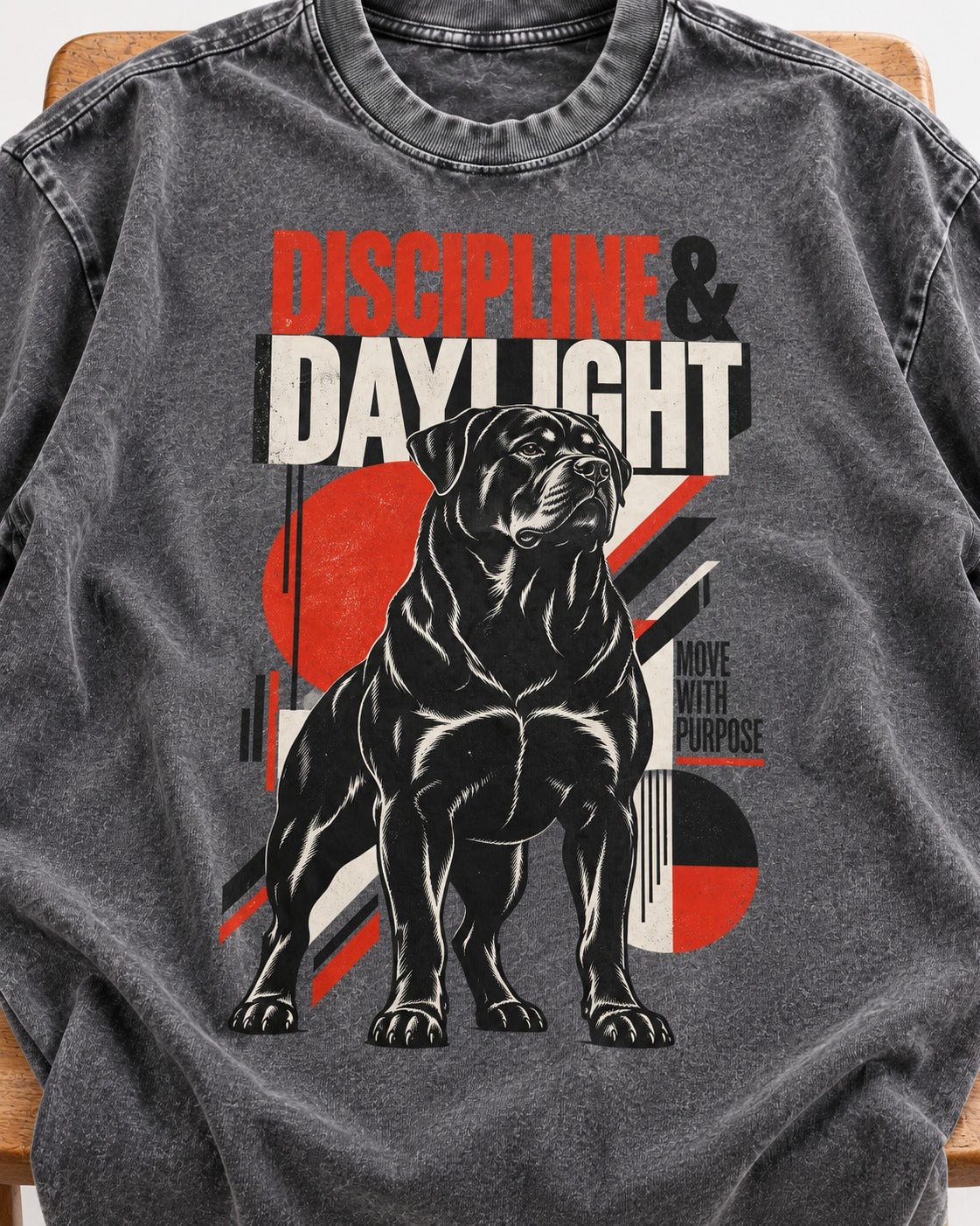 Discipline and Daylight Rottweiler Move With Purpose Washed Tee in Gray, close-up of the graphic