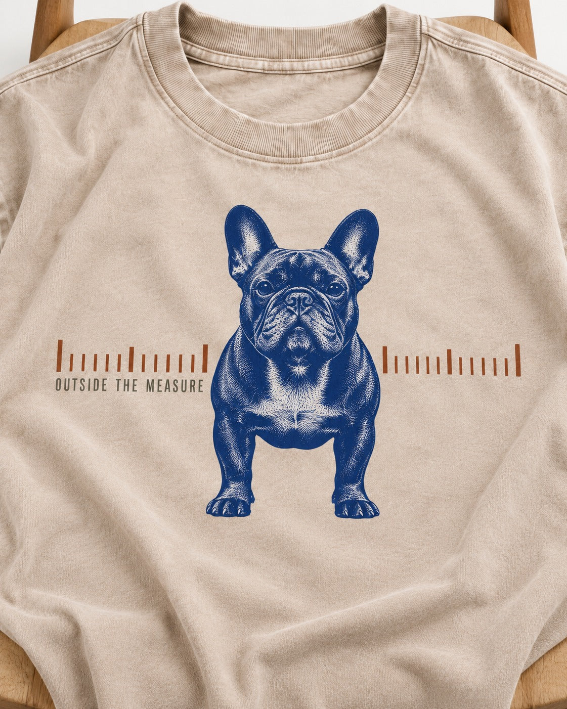 Frenchie Outside the Measure Washed Tee in Apricot, close-up of the graphic