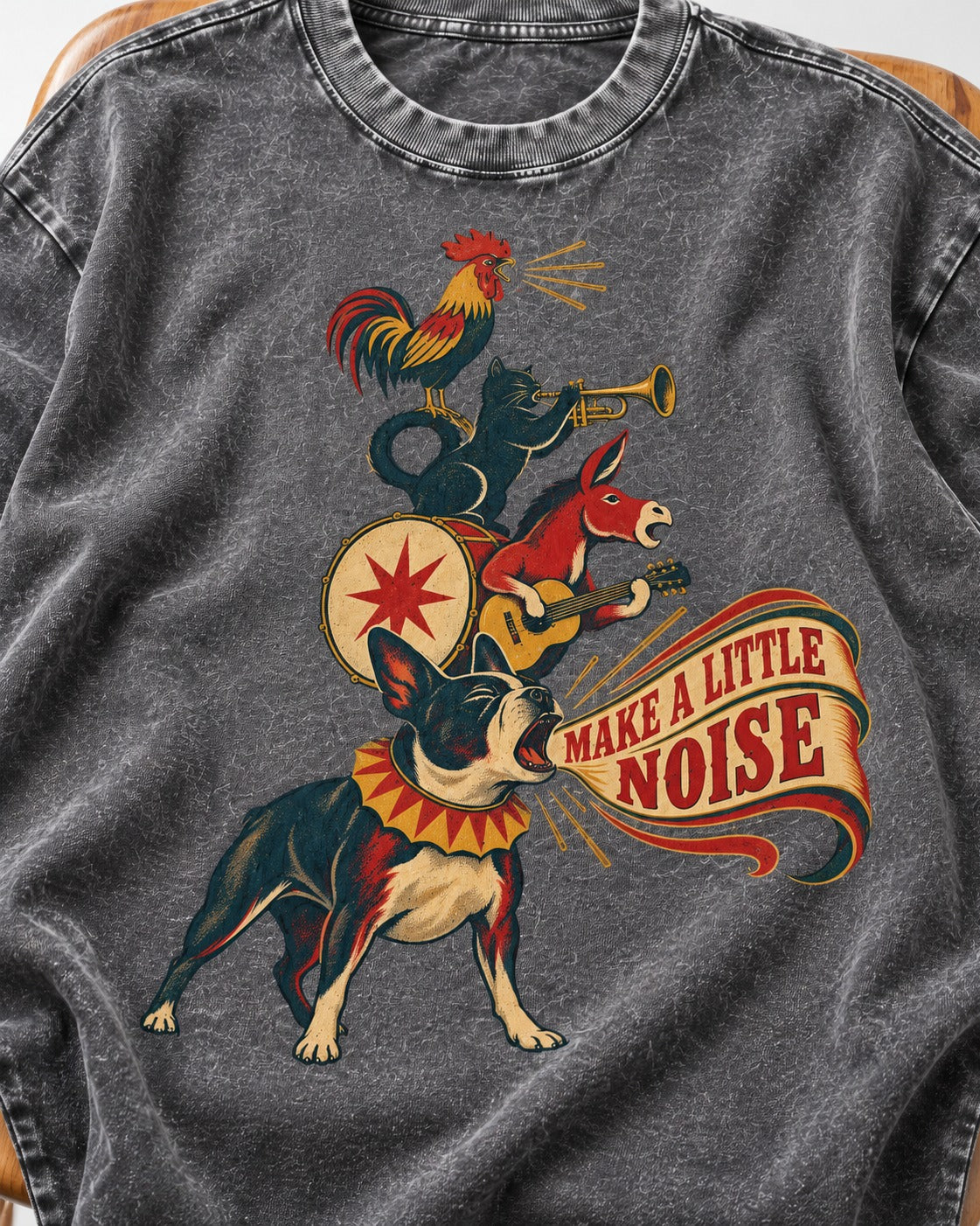 Boston Terrier Make A Little Noise Washed Tee in Gray, close-up of the graphic