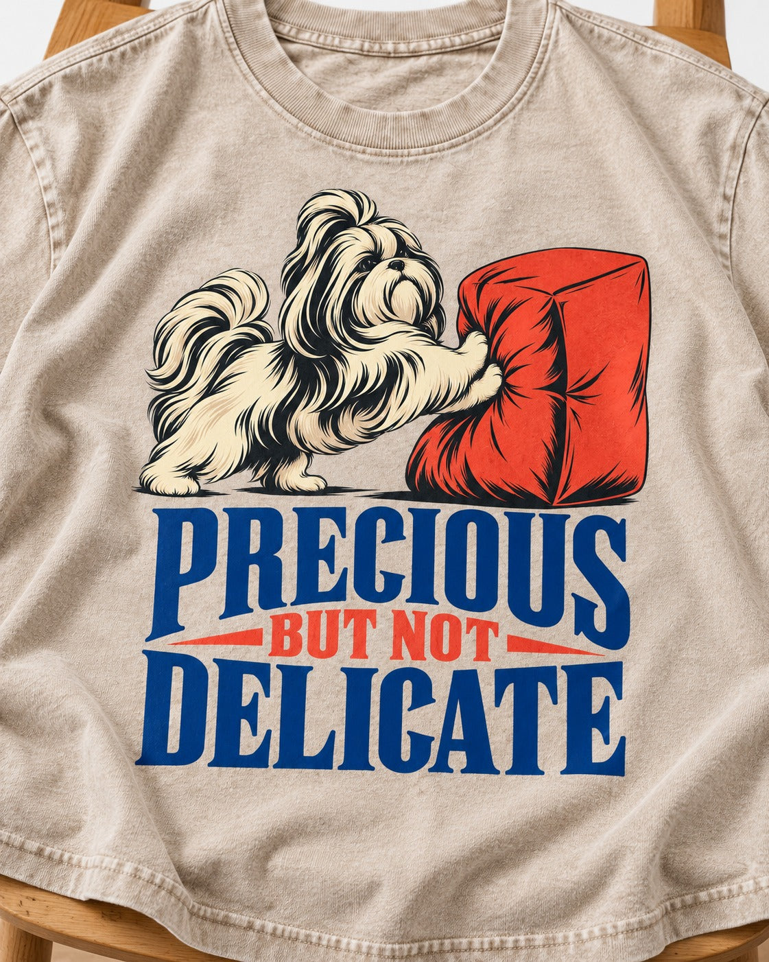 Precious but Not Delicate Shih Tzu Washed Tee in Apricot, close-up of the graphic
