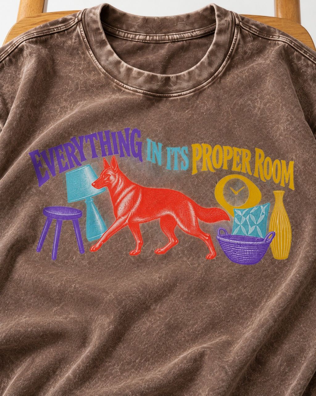 German Shepherd Dog In Its Proper Room Washed Tee in Coffee, close-up of the graphic