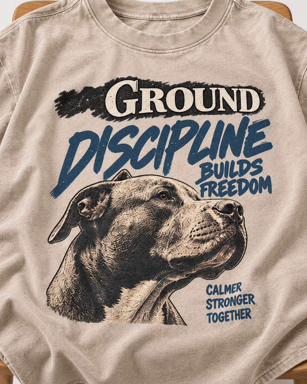 Pitbull Discipline Builds Freedom Washed Tee in Apricot, close-up of the graphic