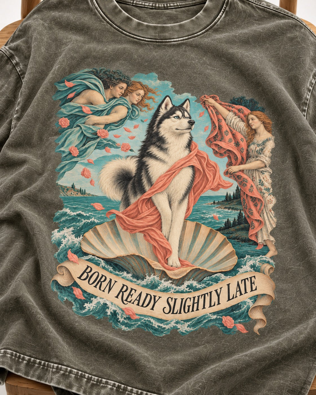 Husky Born Ready Slightly Late Renaissance Graphic Washed Tee in Army Green, close-up of the graphic