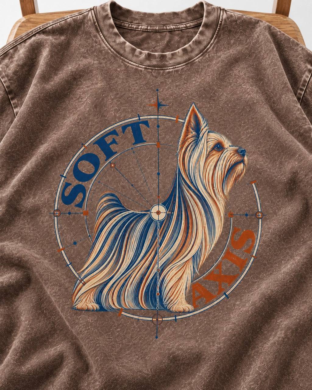 Soft Axis Yorkshire Terrier Washed Tee in Coffee, close-up of the graphic