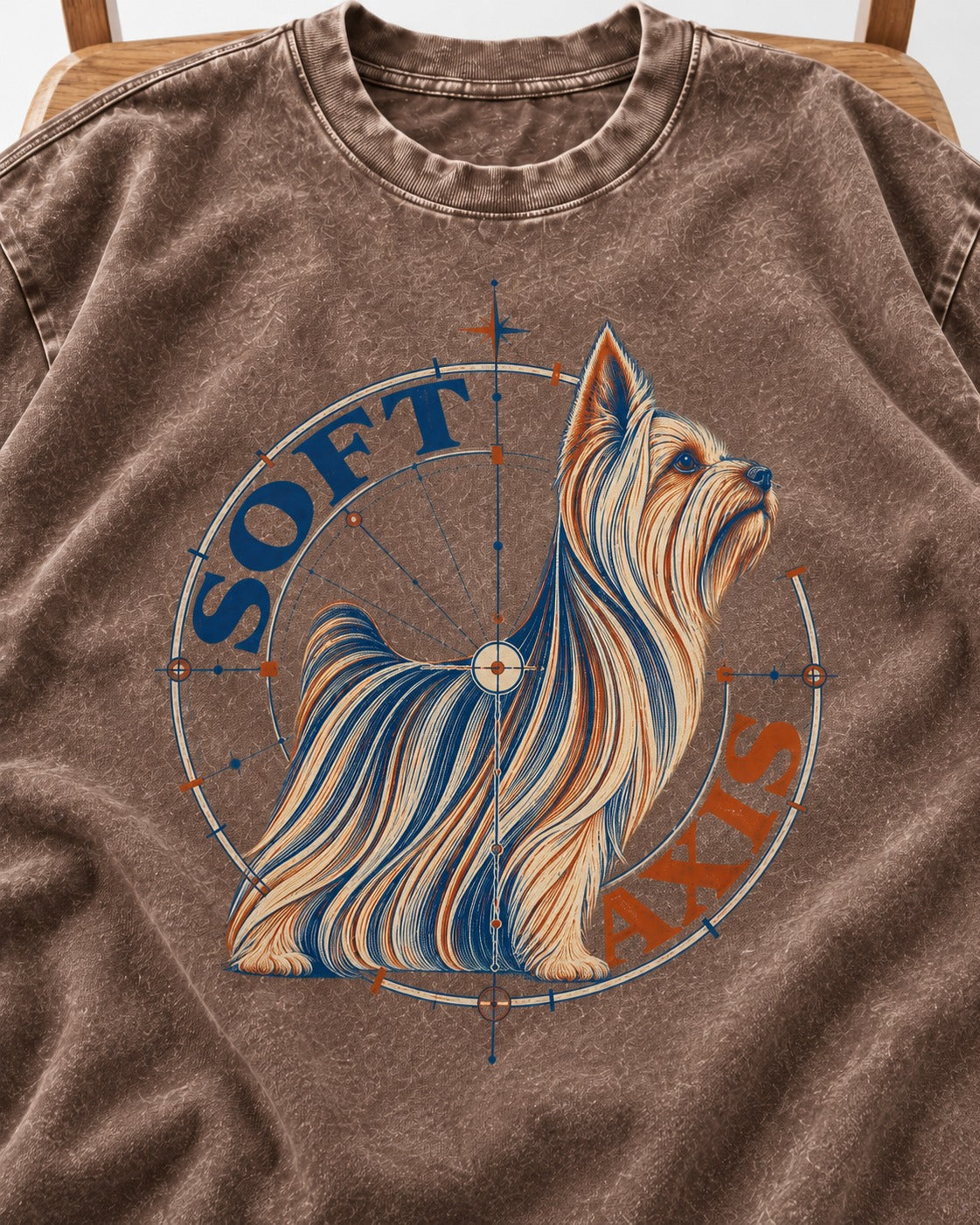 Soft Axis Yorkshire Terrier Washed Tee in Coffee, close-up of the graphic