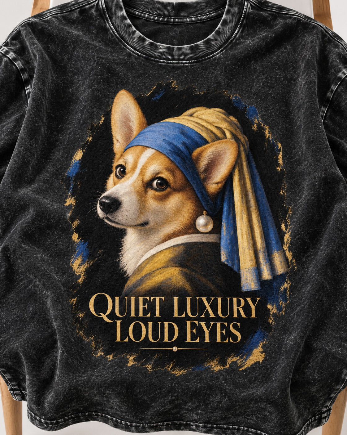 Corgi Quiet Luxury Loud Eyes Pearl Earring Portrait Washed Tee in Black, close-up of the graphic