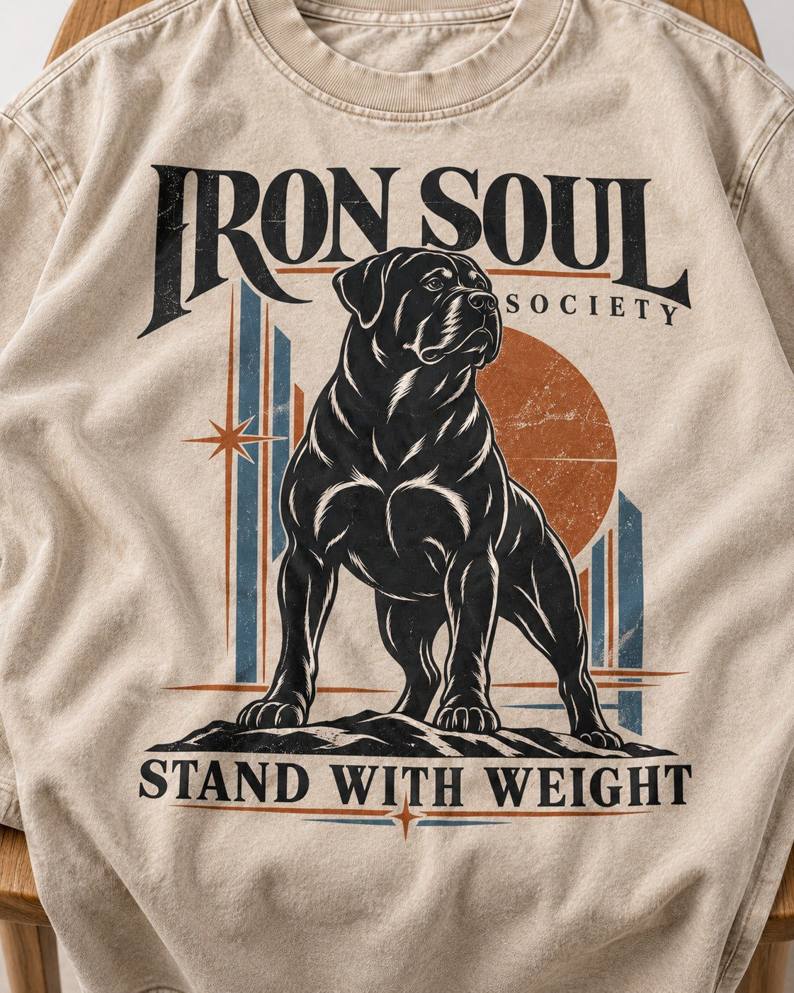 Rottweiler Iron Soul Society Washed Tee in Apricot, close-up of the graphic