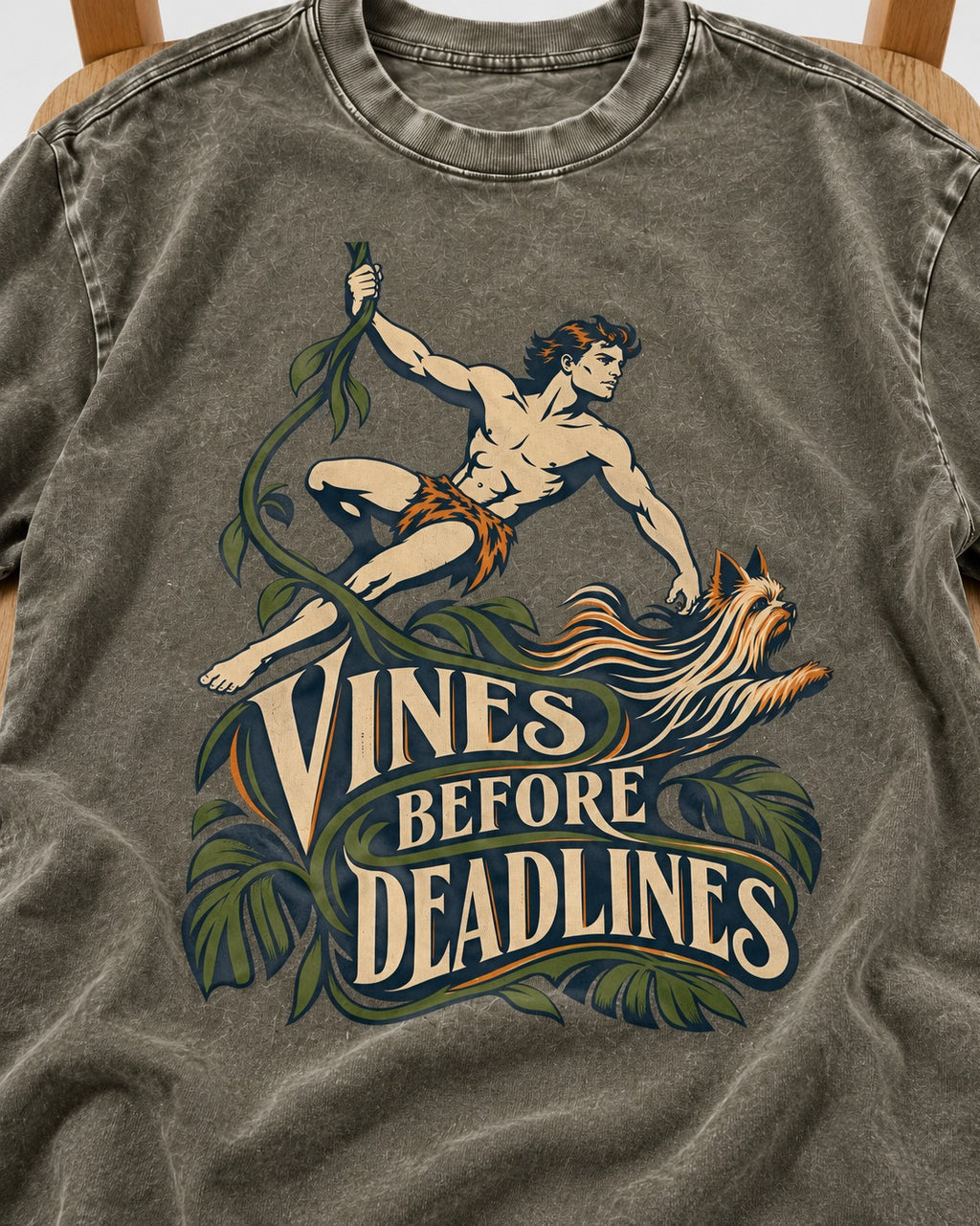 Yorkshire Terrier Vines Before Deadlines Jungle Hero Graphic Washed Tee in Army Green, close-up of the graphic