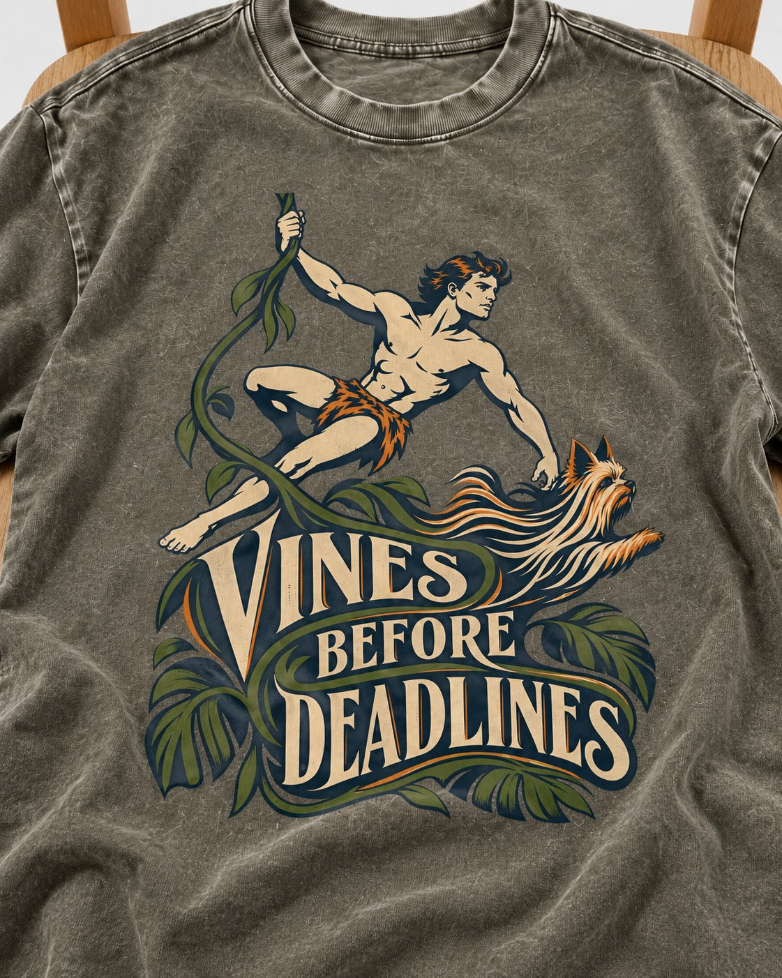 Yorkshire Terrier Vines Before Deadlines Jungle Hero Graphic Washed Tee in Army Green, close-up of the graphic