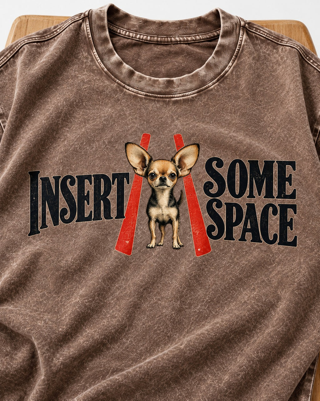 Insert Some Chihuahua Space Washed Tee in Coffee, close-up of the graphic