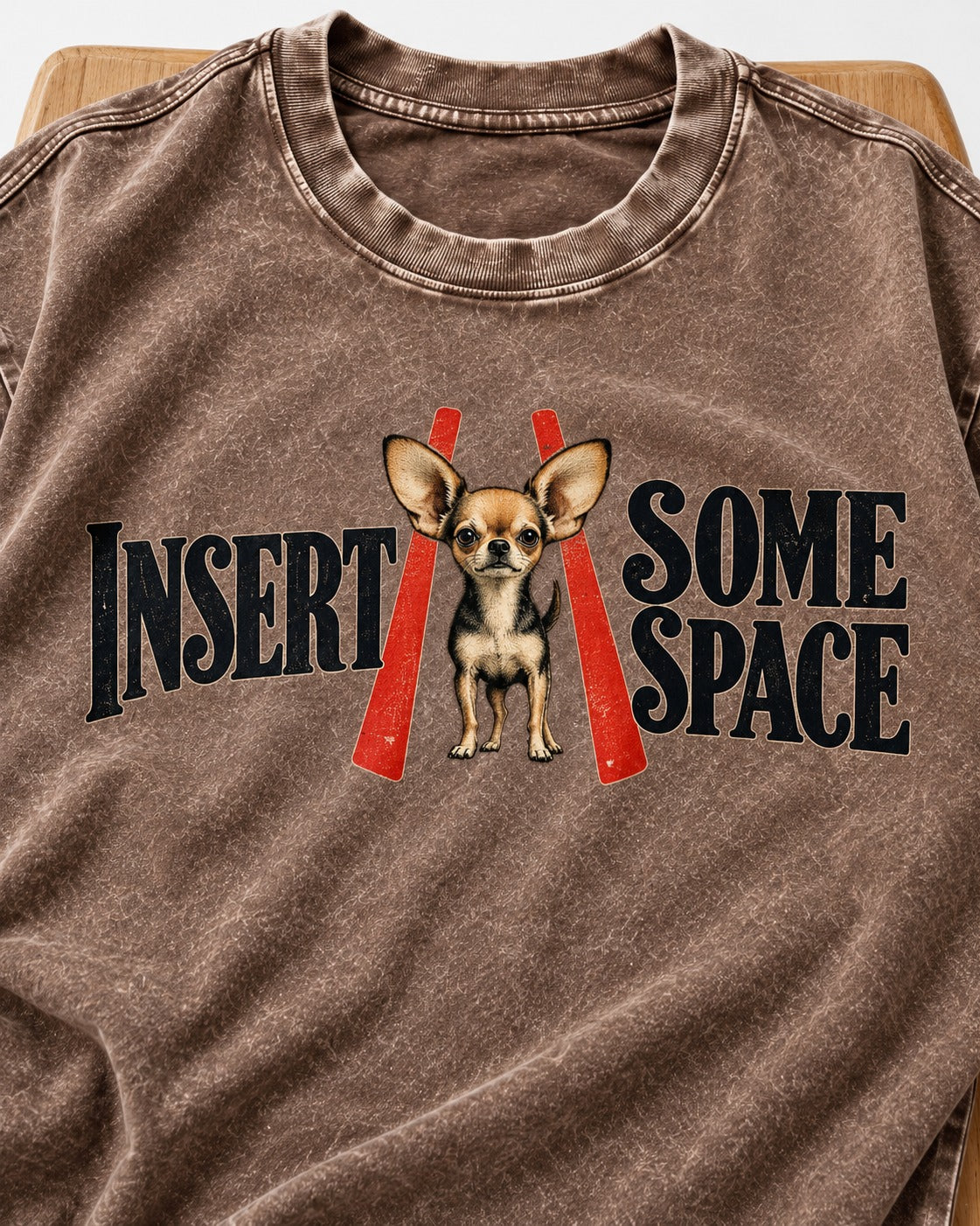 Insert Some Chihuahua Space Washed Tee in Coffee, close-up of the graphic